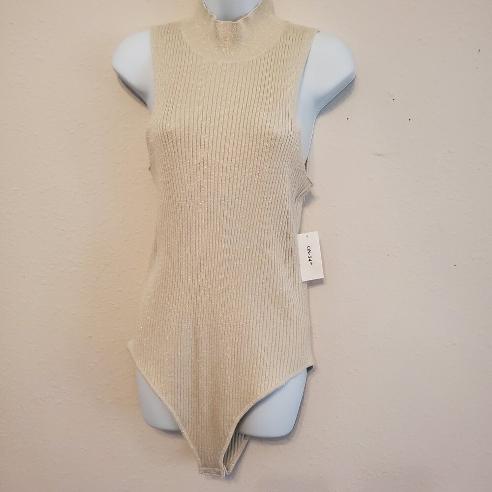 NWT On 34TH Women's Sleeveless Mock Neck Bodysuit Gold Holiday Sweater, Size L. - Picture 6 of 12